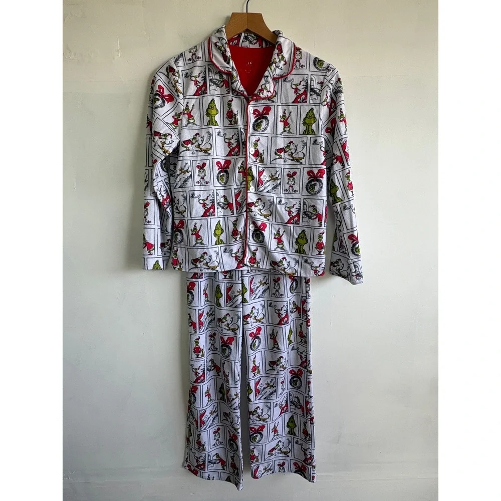 Dr Seuss The Grinch Kids Pajama Set L 10/12 White Red Fleece Christmas Sleepwear
